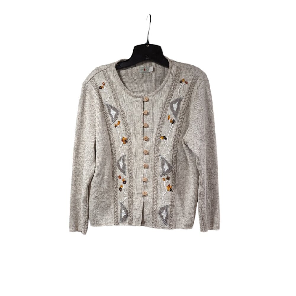 Natural Style Tan Beaded Stitched Button Up Linen Knit Cardigan Sz XL